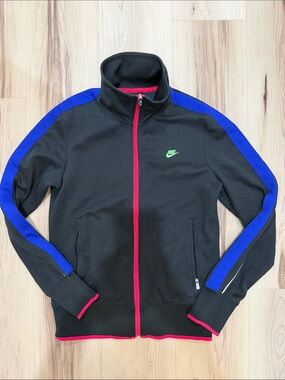 Nike Black Track Jacket with Blue Shoulder Stripes and Pink Trim